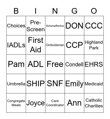 Senior Services Bingo Card