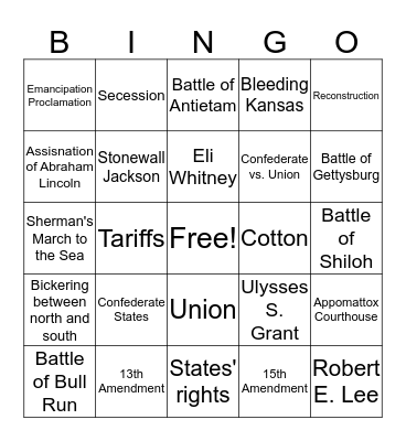 Civil War Bingo Card