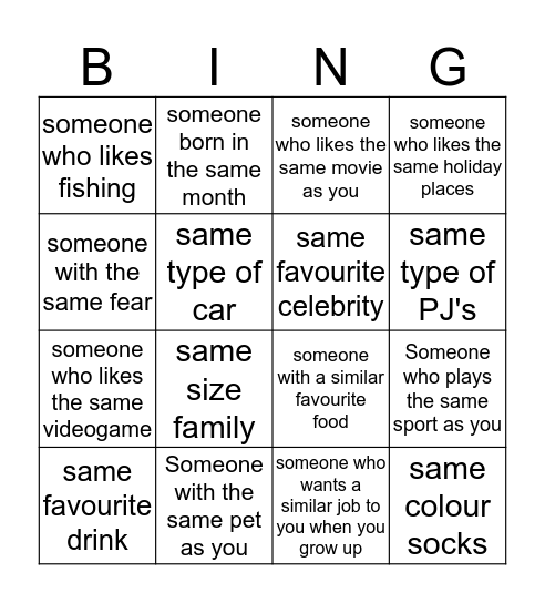 your name: Bingo Card