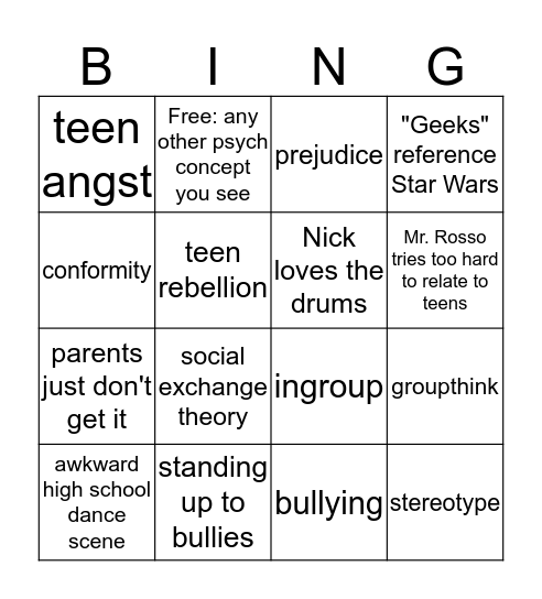 Social Psych Bingo: Freaks & Geeks Bingo Card