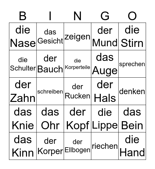 Deutsch II die Korperteile Bingo Card