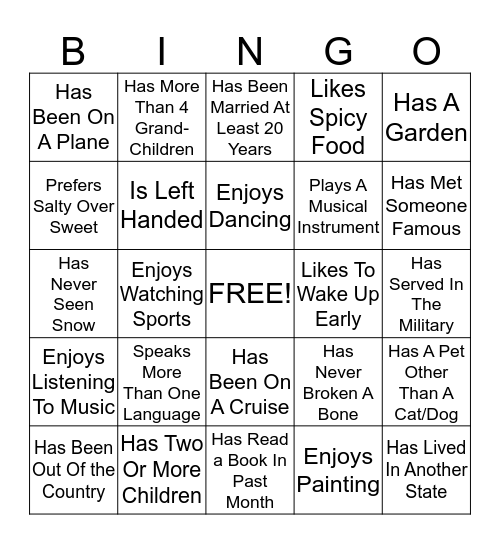 Getting To Know You  Bingo Card