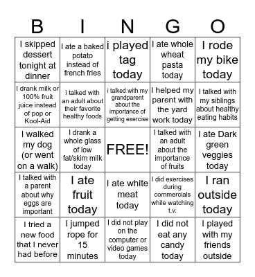 Healthy Bingo  Bingo Card