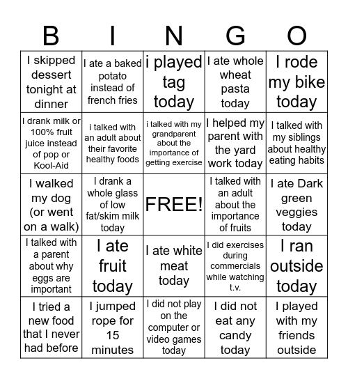 Healthy Bingo  Bingo Card