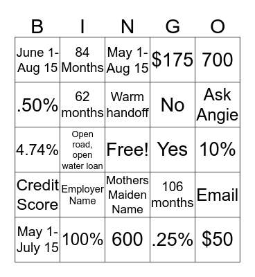Tuesday Huddle- Loan Special! Bingo Card