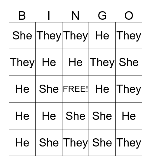 Pronoun Bingo Card