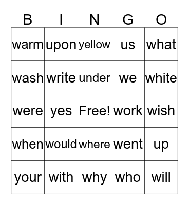 Second Grade Sight Words Bingo Card