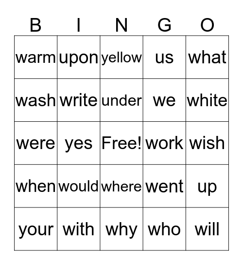 Second Grade Sight Words Bingo Card