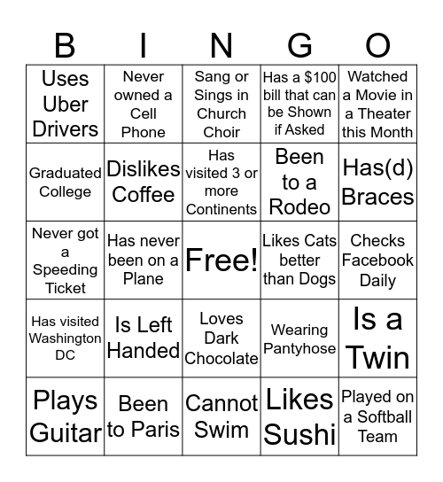 Getting to Know You Bingo Card