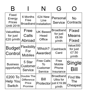 UTILITY WAREHOUSE  Bingo Card