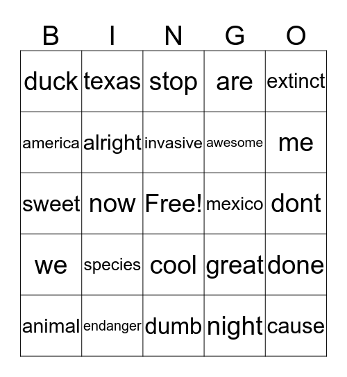 endangered species Bingo Card