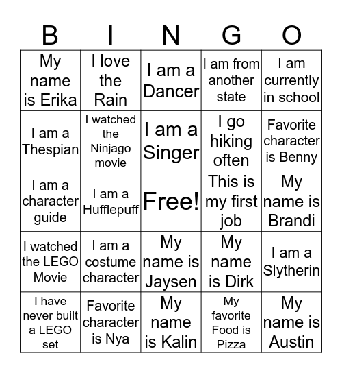 LEGOLAND Character Team Bingo Card