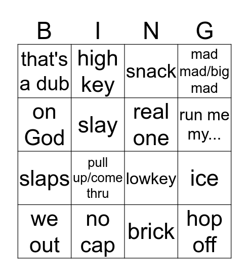Slang Bingo :) Bingo Card