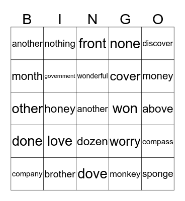 o / u words Bingo Card