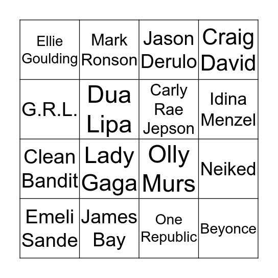 Music Bingo - New Songs Bingo Card