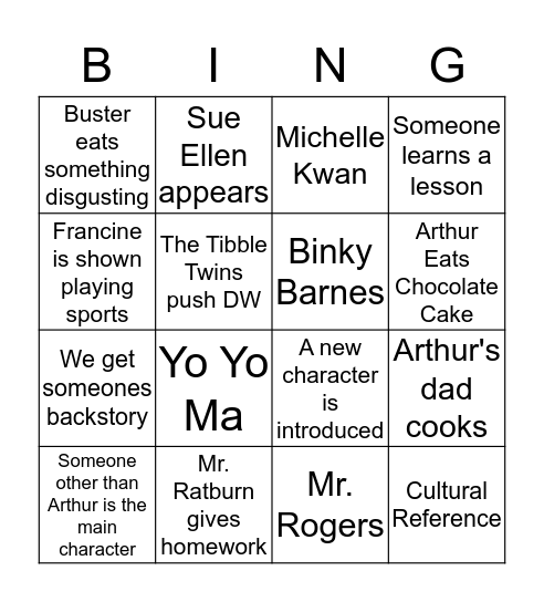 Arthur Bingo Card