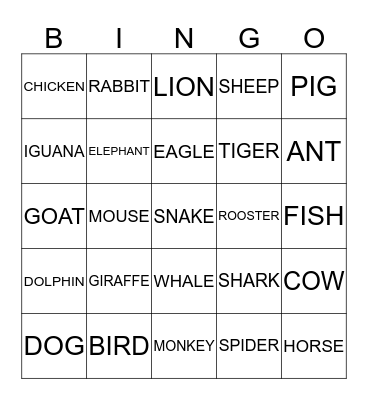 ANIMALS Bingo Card