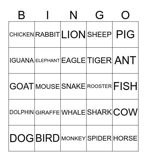 ANIMALS Bingo Card