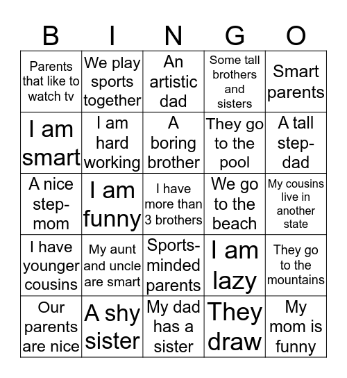 Family Tree Presentations Bingo Card