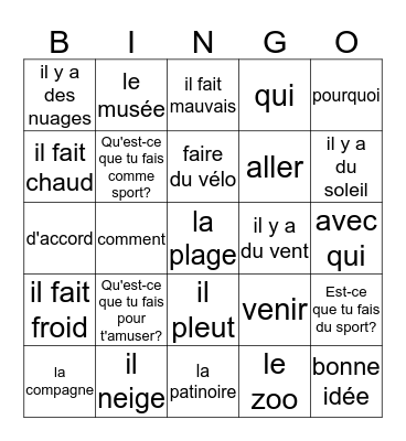 Chapitre 5 - en français Bingo Card