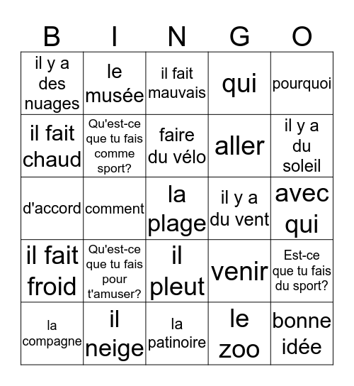 Chapitre 5 - en français Bingo Card