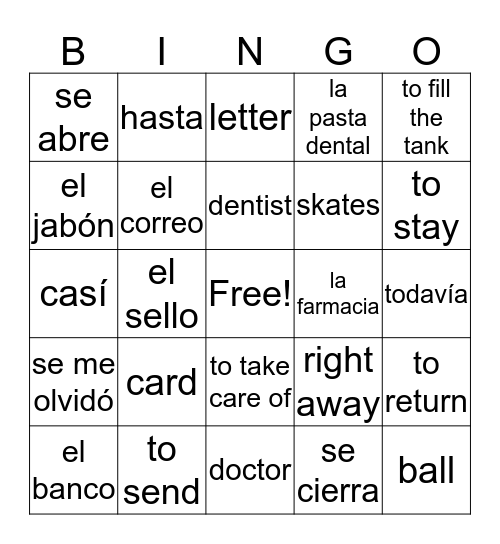 Capítulo 6 Vocabulario Bingo Card