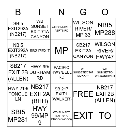 HIGHWAY/INTERSTATE BINGO Card