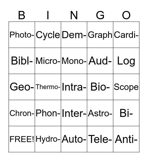 Word Roots Bingo Card