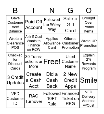 Cashier Bingo! Bingo Card