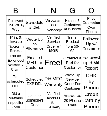 Customer Service Bingo! Bingo Card