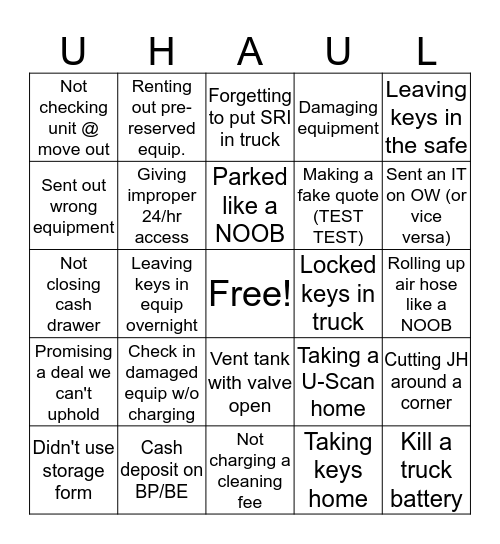 U-Haul FAIL Bingo Card