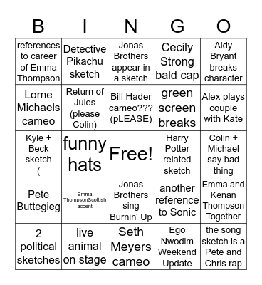 Emma Thompson SNL Bingo Card