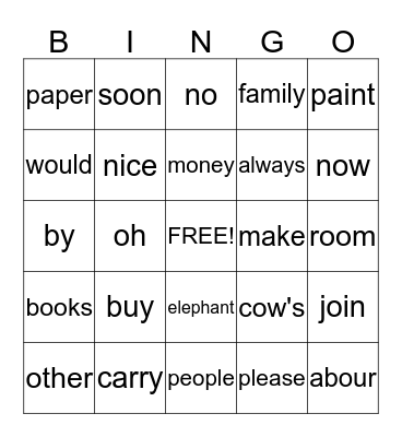 Sight Words Bingo Card
