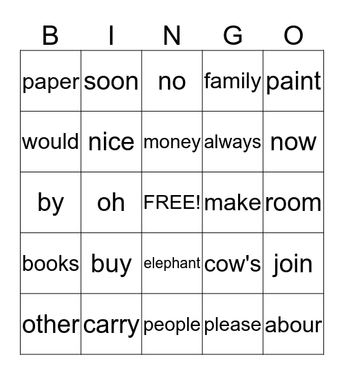 Sight Words Bingo Card