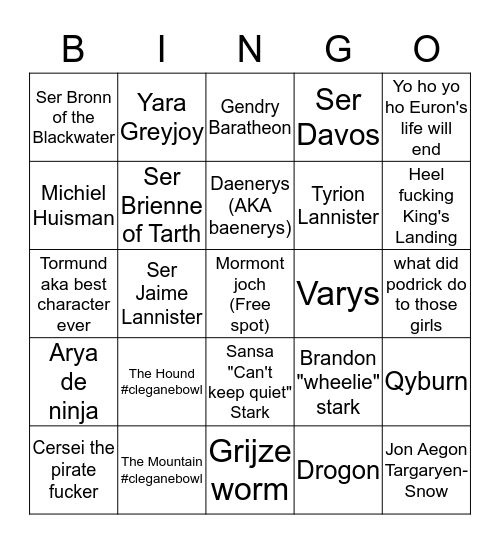 GoT Character Death Bingo Card