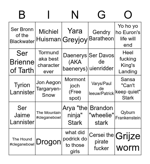 GoT Character Death Bingo Card