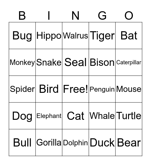 Master ASL Unit 10 Animals Bingo Card