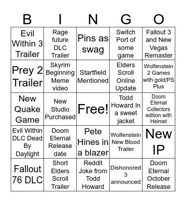 Bethesda E3 Bingo Card