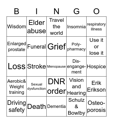 Late Adulthood Bingo Card