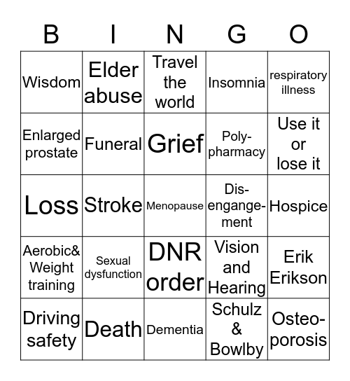 Late Adulthood Bingo Card
