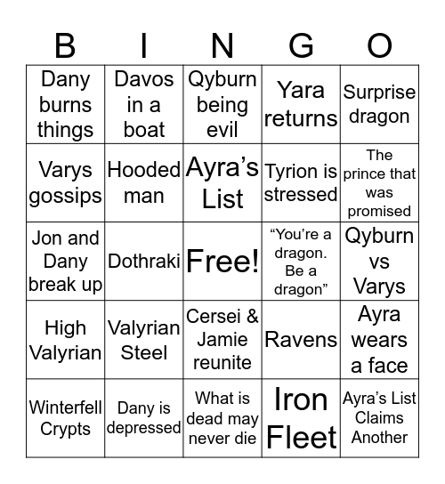 GOT - Episode 5 Bingo Card