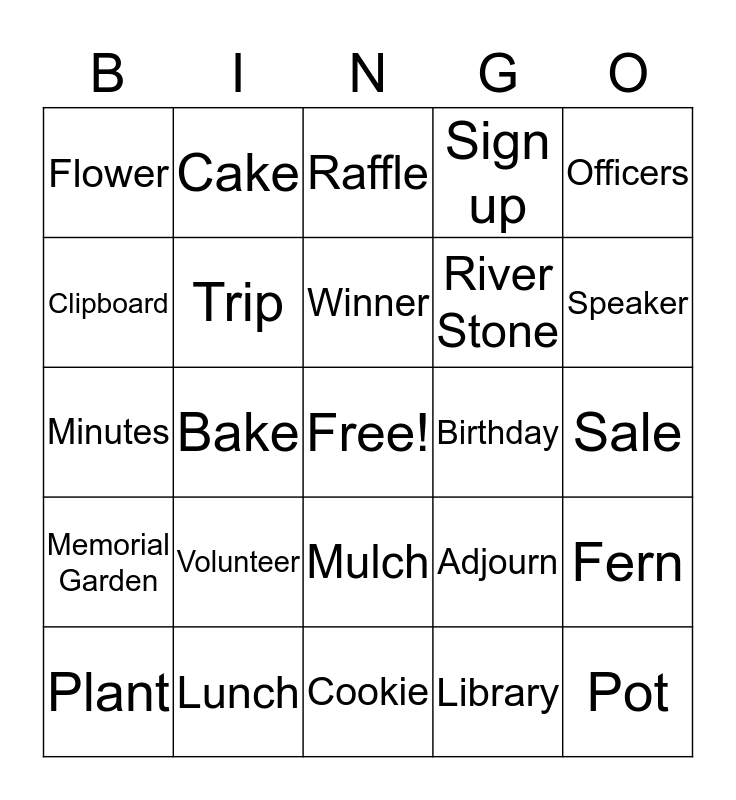 River Bend Garden Club Bingo Card