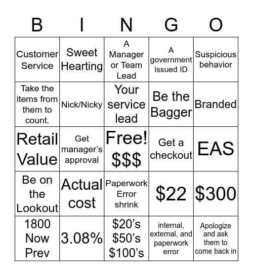 Loss Prevention BINGO Card