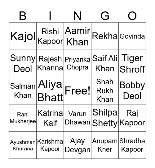 Bollywood Bingo  Bingo Card