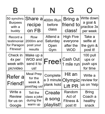 Paragon Fitness Bingo Card