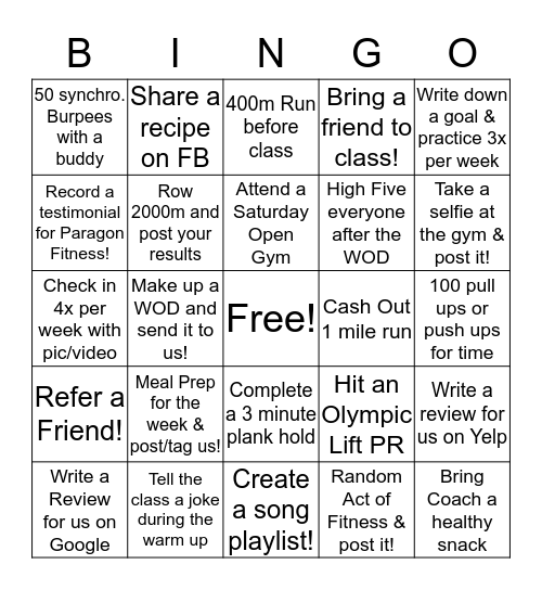 Paragon Fitness Bingo Card
