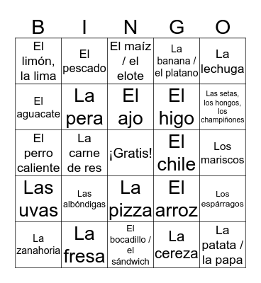 Bingo - La COMIDA Bingo Card