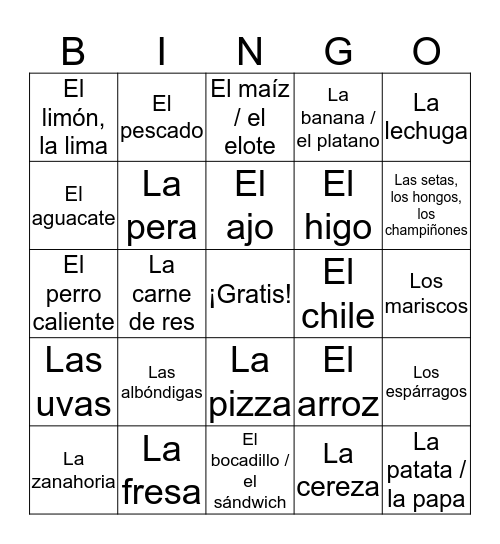 Bingo - La COMIDA Bingo Card