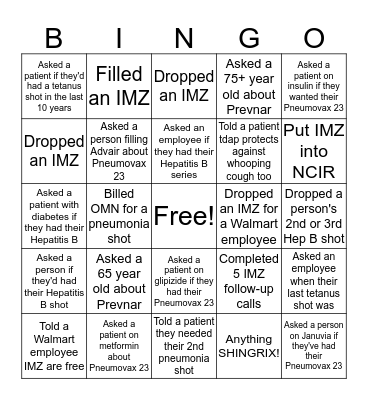 Immunization Bingo Card