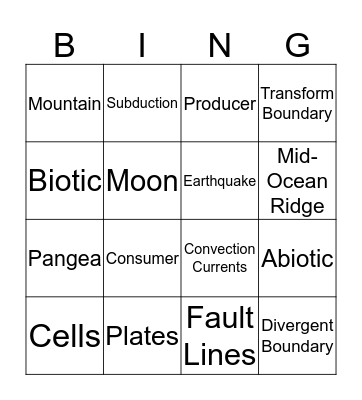 Plate Tectonics Bingo Card